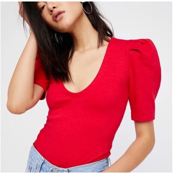 Free People Ellery Red Puff Sleeve Shirt Women's Small Deep V-Neck Stretch - Picture 1 of 6